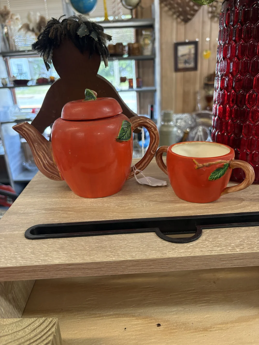 Red Ceramic Teapot and Cup Set with Leaf Accents - Home Kitchen